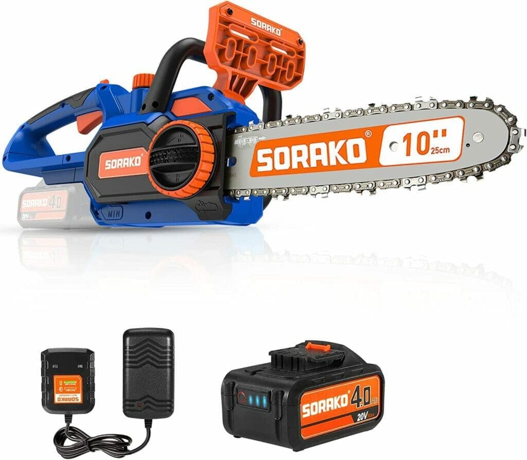 1: SORAKO 20V 10-Inch Cordless Chainsaw - Best for Tree Trimming and Wood Cutting 